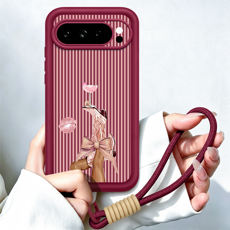 Google Pixel 8A - Striped Wine Glass Pattern Lanyard Phone